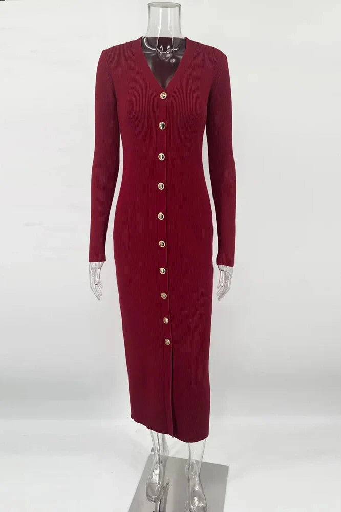 V-Neck Knit Patchwork Slim Midi Dress