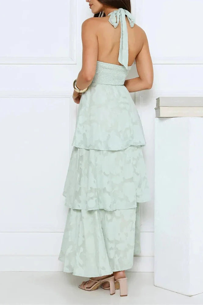 Elegant Hollow Out Backless Tie Up High Waist Maxi Dress
