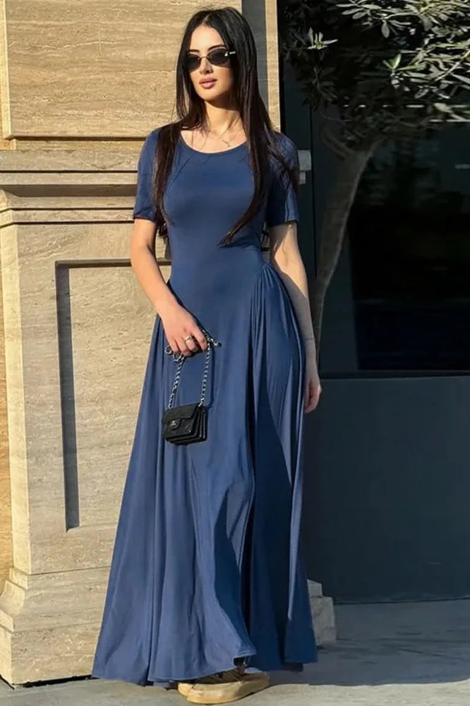 Short Sleeve O Neck High Waist Pleated Maxi Dress