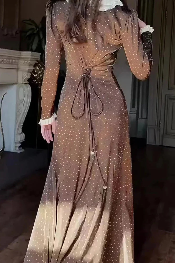 Elegant Long Sleeve Slim Lace Up High Waist Pleat Printed Maxi Dress