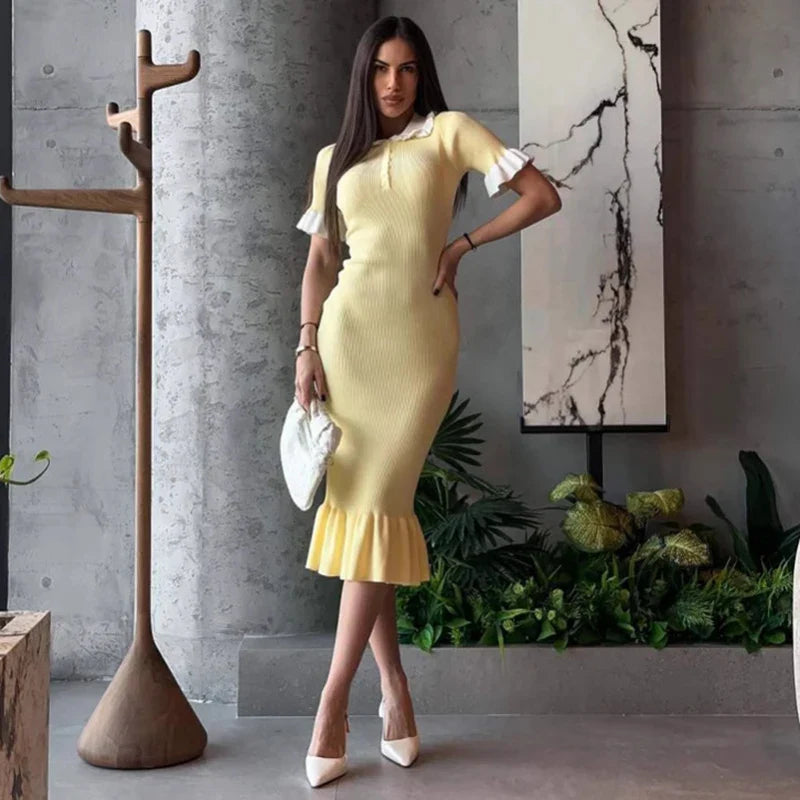 Knitted Short Sleeve Slim Midi Dress