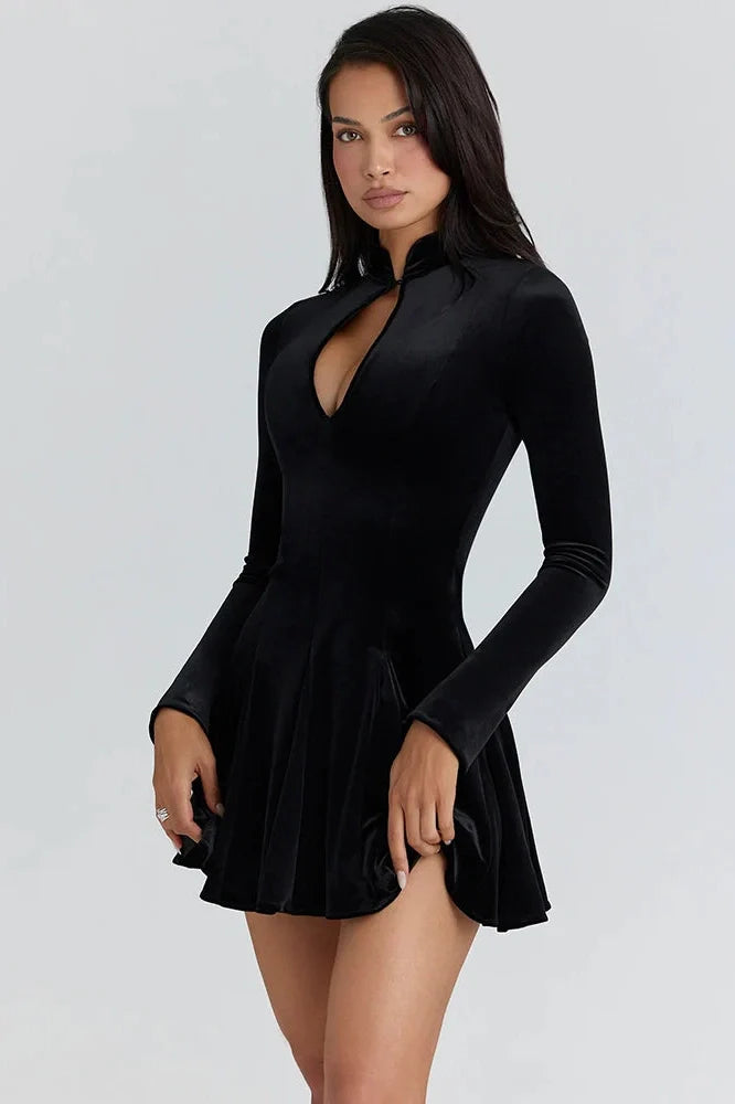 Hollow Out Long Sleeve Velvet Turtleneck High Waist A-line Mini Dress