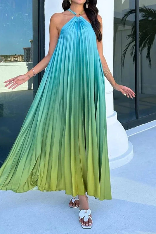 Printed Pleated Off-Shoulder Sleeveless Maxi Dress