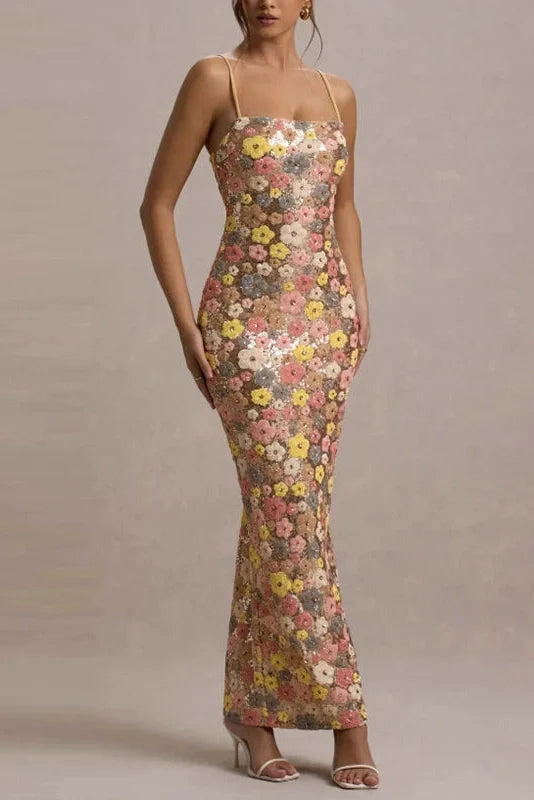 Floral Printed Spaghetti Strap Slim Sleeveless Maxi Dress