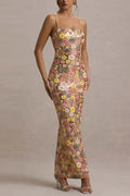 Floral Printed Spaghetti Strap Slim Sleeveless Maxi Dress