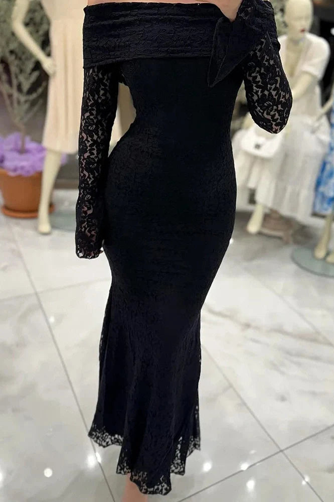 Slash Collar Lace Embroidery High Waist Maxi Dress