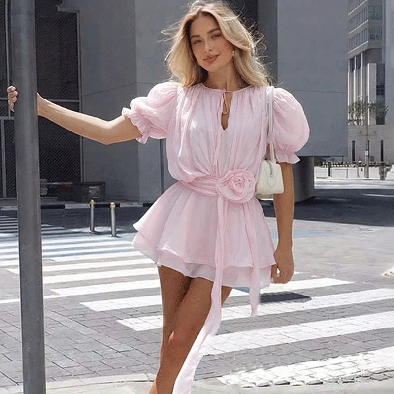 Elegant Patchwork Lace-Up Hollow Out Mini Dress
