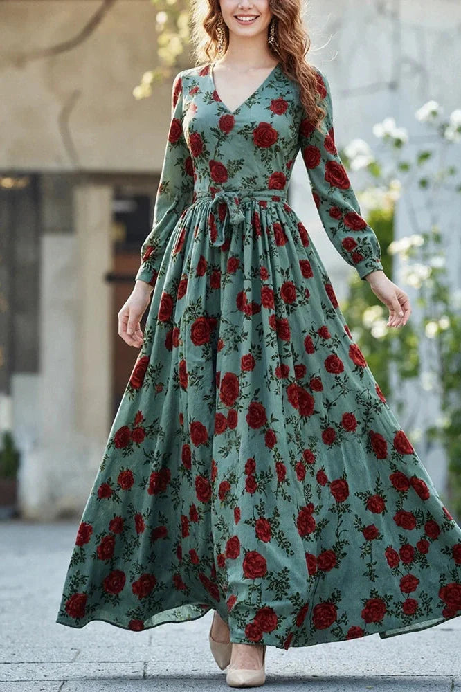 Elegant Long Sleeve Slim Pleated V-Neck Printed Maxi Dress
