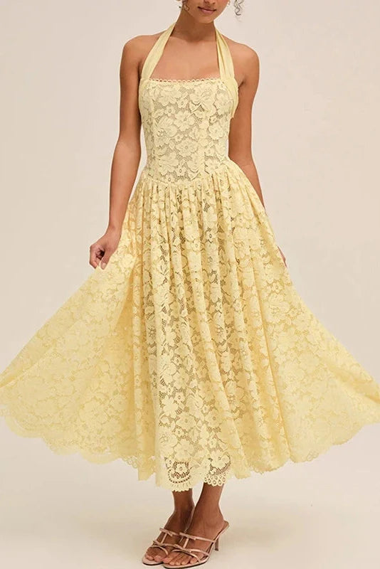 Hollow Out Backless Sleeveless Slim Pleated Lace Midi Dress