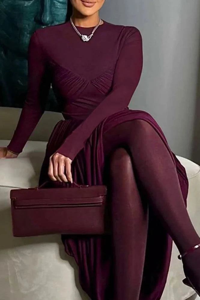 Elegant High Waist O-Neck Pleated Irregular Maxi Dress