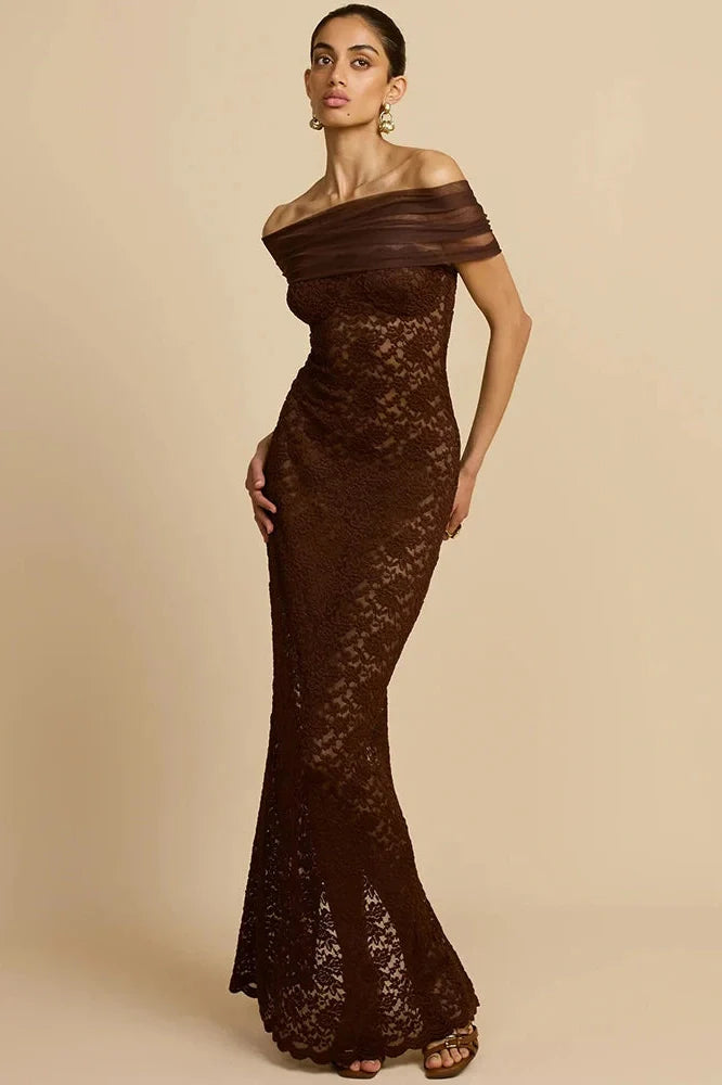 Lace Off-Shoulder See Through Strapless Sleeveless Split Bodycon Maxi Dress