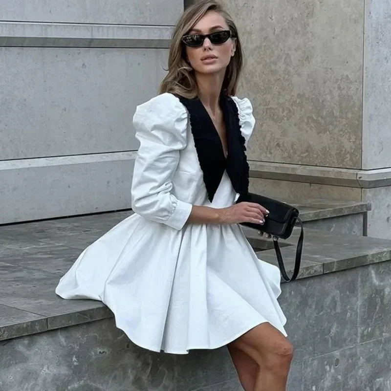 Patchwork Long Sleeve Pleated Mini Dress