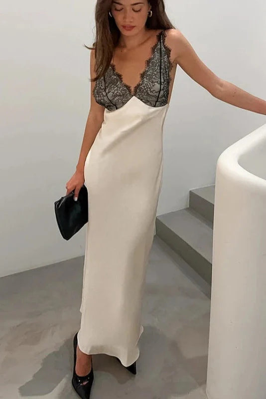 Lace Patchwork V-Neck Backless Sleeveless Maxi Dress