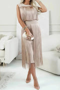 Hollow Out Sleeveless Pleated O-Neck Midi Dress
