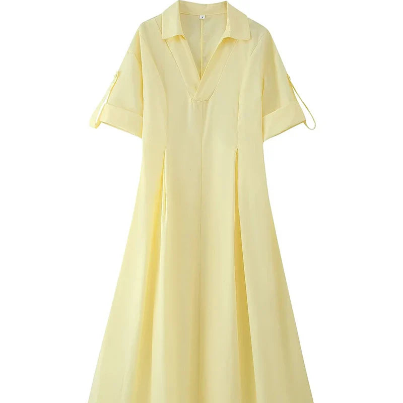 V-Neck Half Sleeve Pleated Slim Maxi Dress