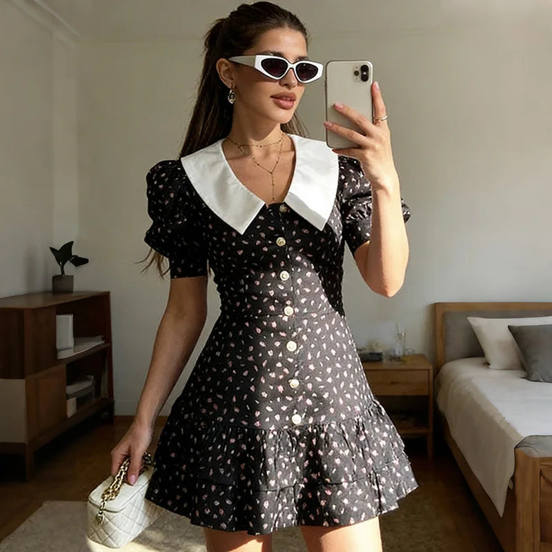 V-Neck Print Patchwork High Waist Mini Dress