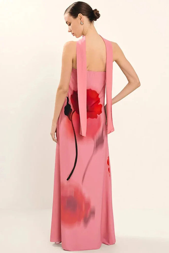 Printed Scarf Collar Off-Shoulder Sleeveless Backless Maxi Dress