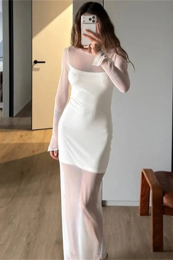 See-Through High Waist Patchwork Slim Maxi Dress