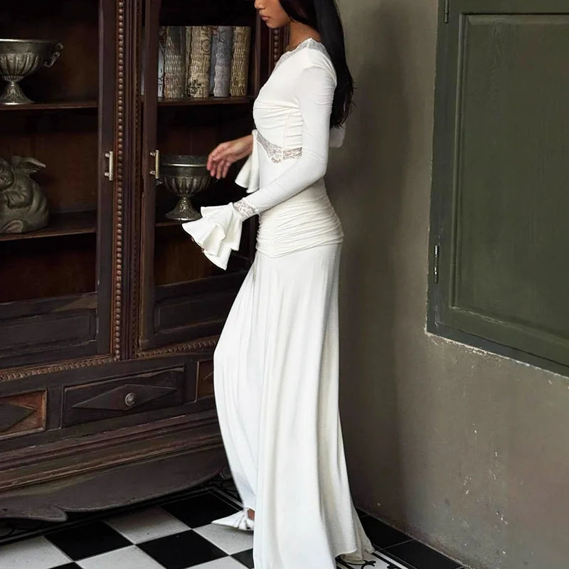 Elegant Hollow Out V-Neck Patchwork Maxi Dress