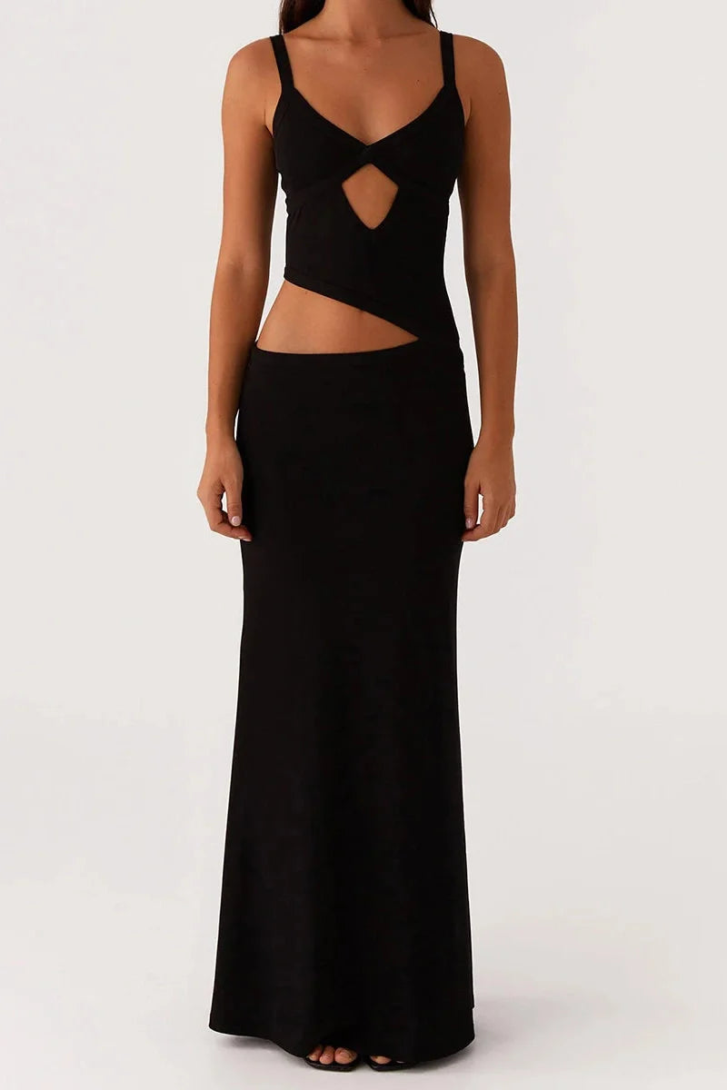 Hollowed Sleeveless V-Neck Backless Maxi Dress