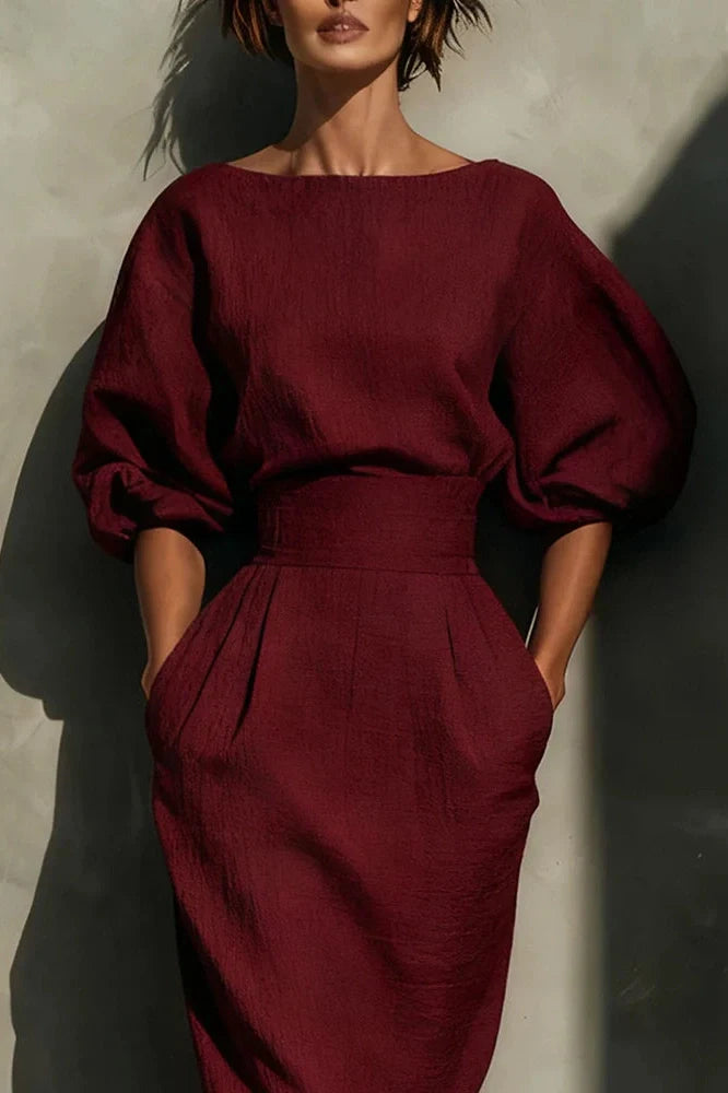 Elegant A-Line O-Neck Lantern Sleeve High Waist Pleated Midi Dress