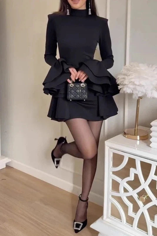 Slim Pleated A-Line Turtleneck Long Sleeve Mini Dress