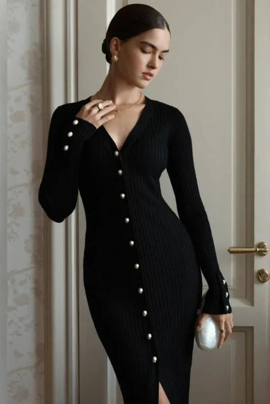 Knitting Slim Single-Breasted Long-Sleeved V-Neck High Waist Midi Dress