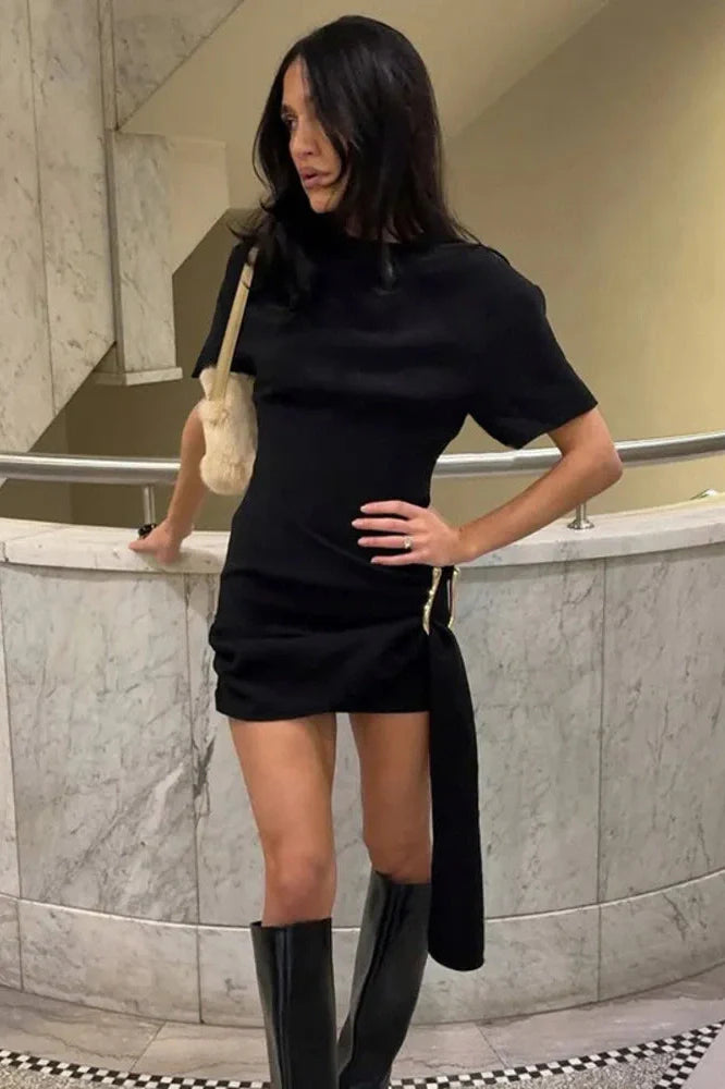 Short Sleeve Metal Buckle O Neck Bodycon Mini Dress
