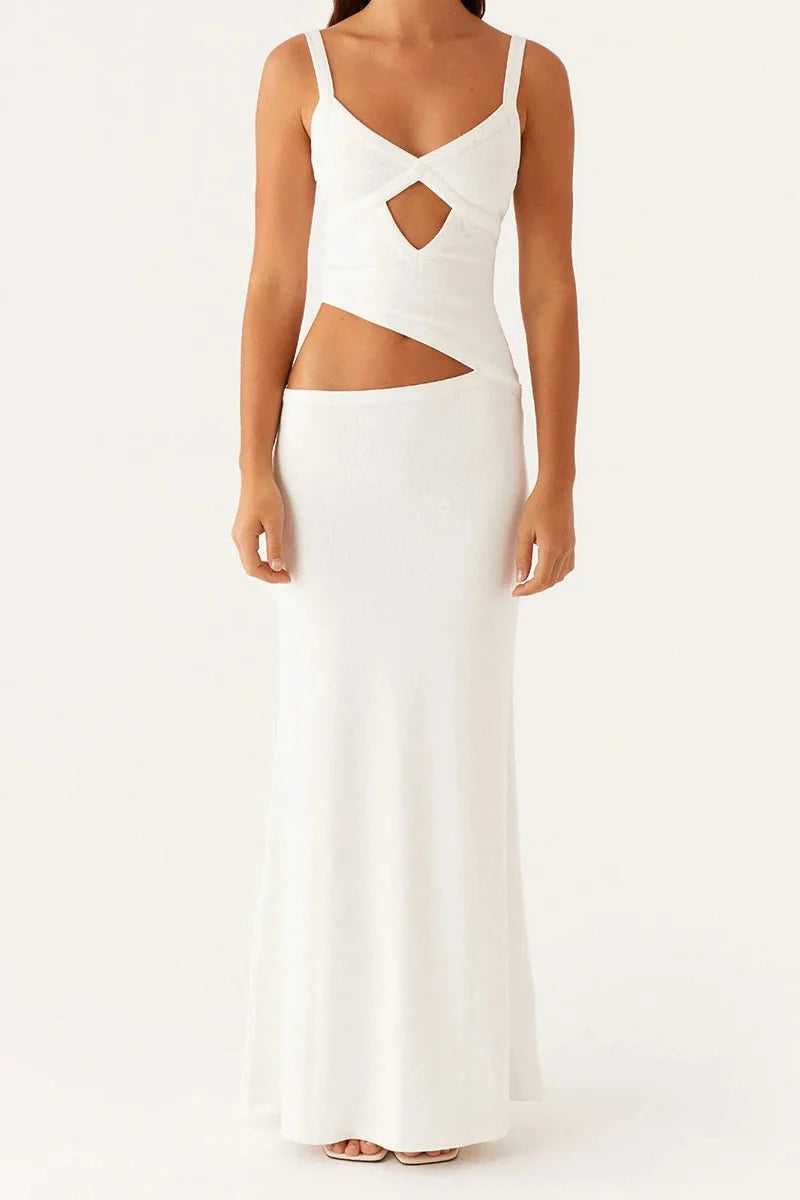 Hollowed Sleeveless V-Neck Backless Maxi Dress