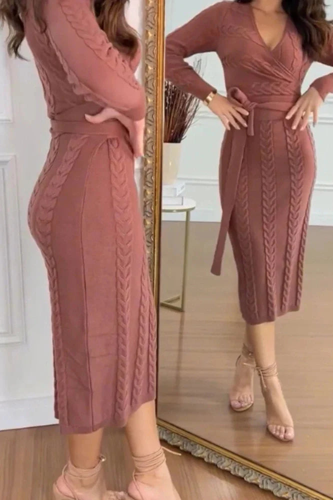 Long Sleeve Slim High Waist V-Neck Midi Dress