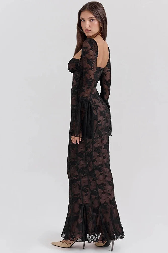 Lace Print Long Flare Sleeve Square Collar Maxi Dress