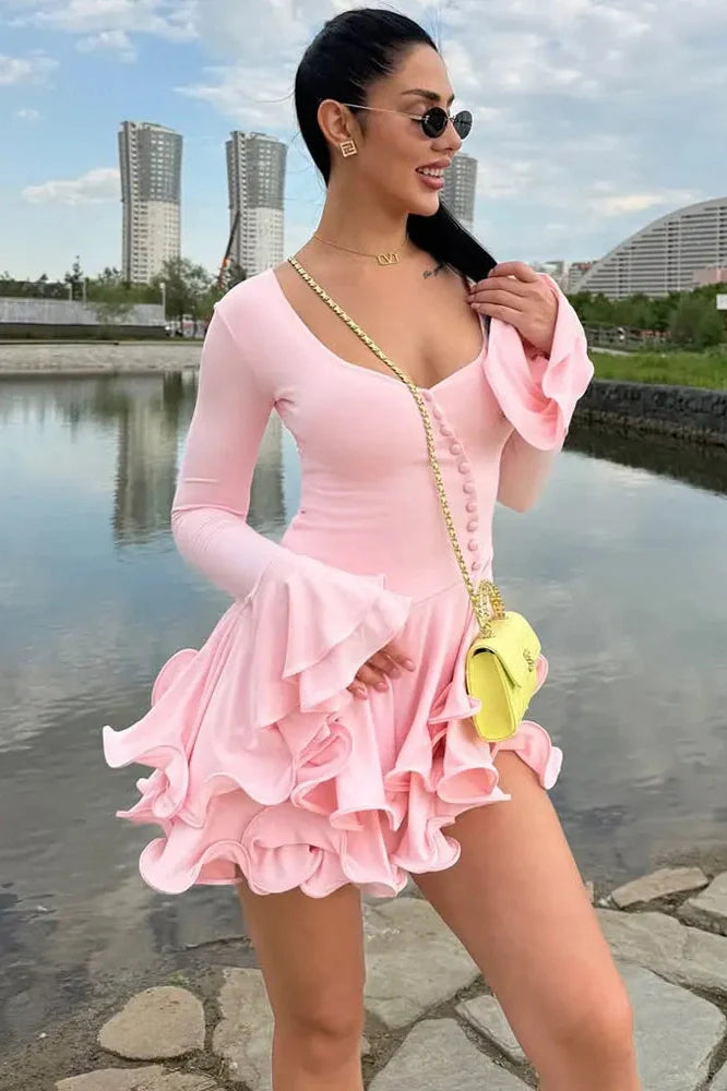 V-Neck High Waist Patchwork Long Sleeve Mini Dress