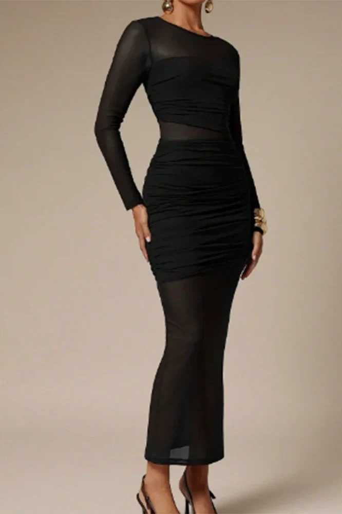 O-Neck High Waist Pleated Long Sleeve Slim Maxi Dress