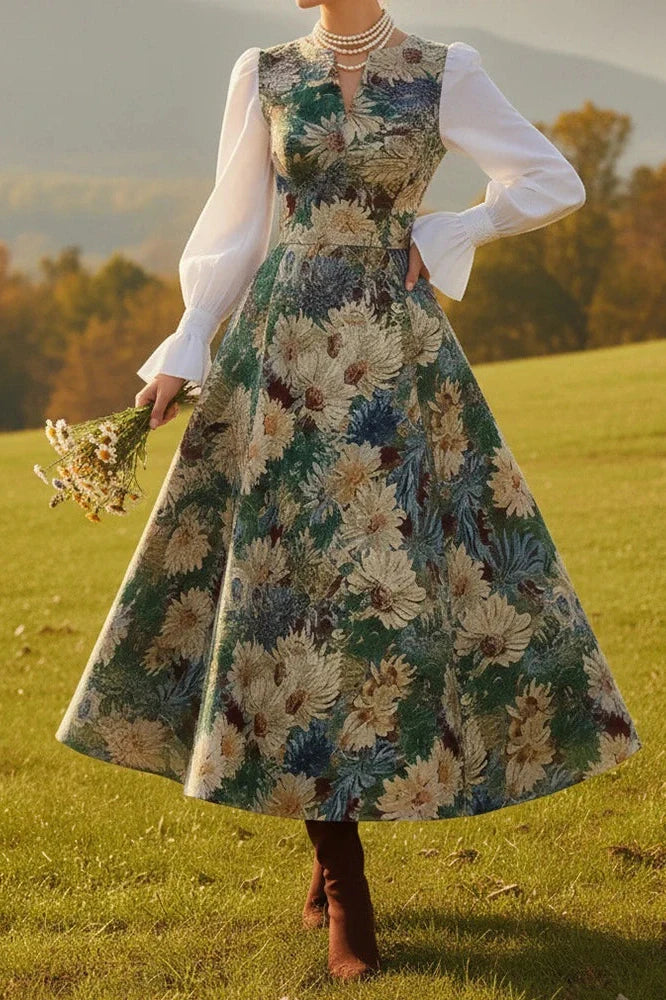 Elegant High Waist Pleated V-Neck Printed Midi Dress