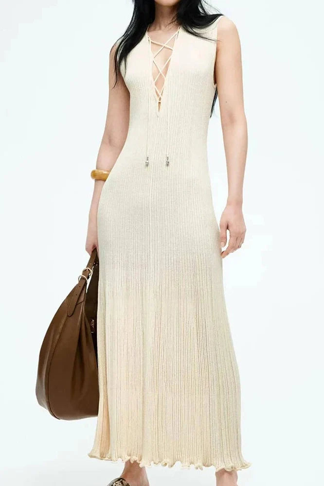 Elegant Hollow Out Lace Up Slim Knitted Sleeveless Maxi Dress