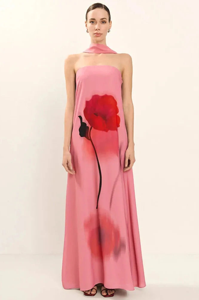 Printed Scarf Collar Off-Shoulder Sleeveless Backless Maxi Dress