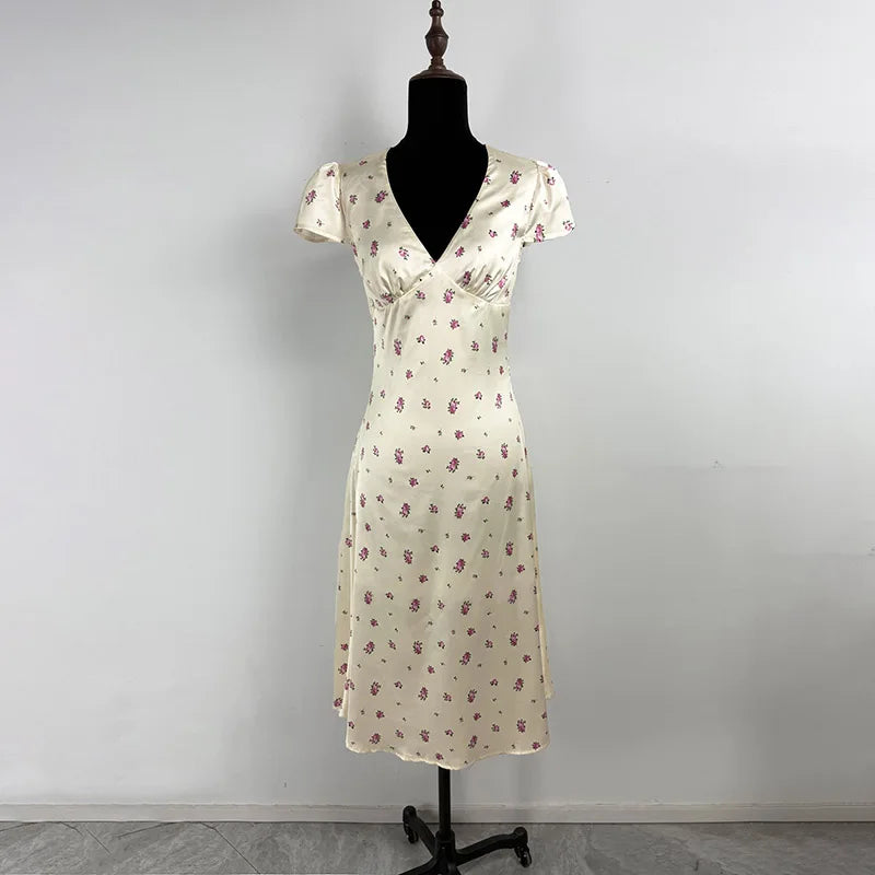 Printed Short Sleeve V Neck High Waist Midi Dress