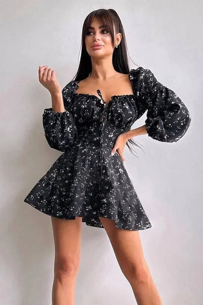 Long Puff Sleeve Square Collar Backless Mini Dress