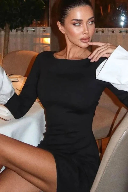 Round Neck Slim Long Sleeves High Waist Mini Dress