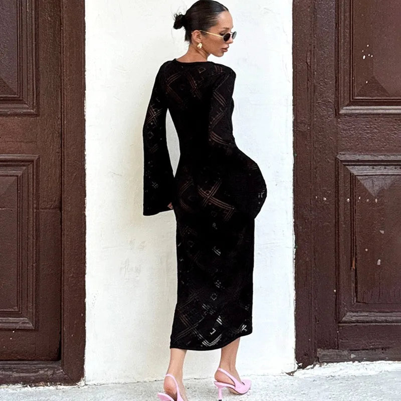 Elegant V-Neck Hollow Out See Through Maxi Dress