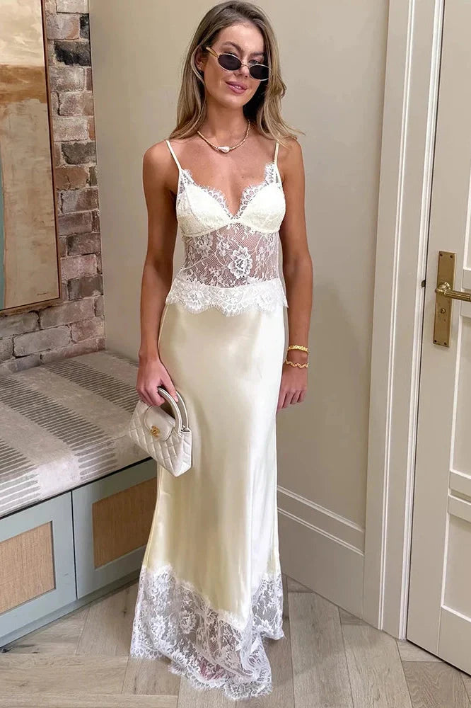 Spaghetti Strap Backless Lace Patchwork V Neck Sleeveless Maxi Dress