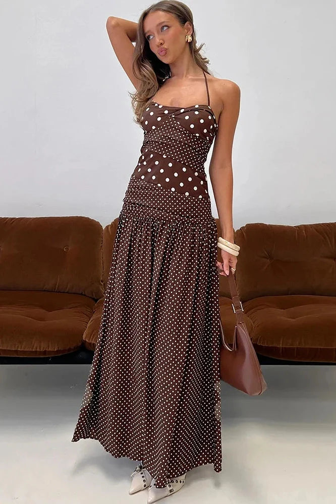 Polka Dot Off-Shoulder Sleeveless Backless Bodycon Maxi Dress