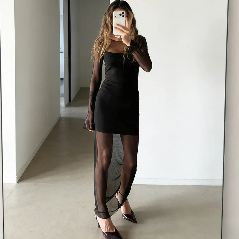 Elegant See Through Patchwork High Waist Maxi Dress