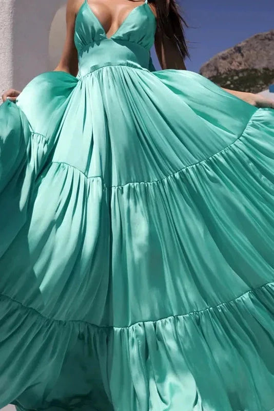 Pleated V-Neck Sleeveless High Waist Maxi Dress