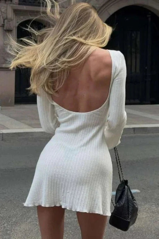 Elegant Backless Round Neck High Waist Long Sleeve Mini Dress