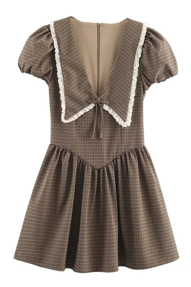V-Neck Patchwork Short Sleeve Lace-Up Mini Dress