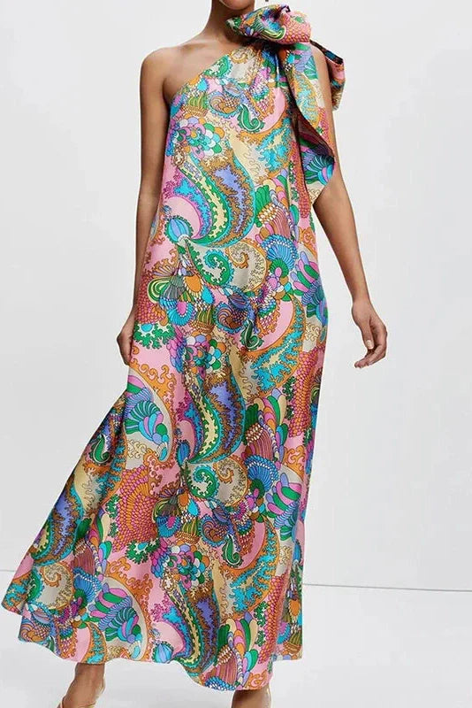 Elegant Printed Off Shoulder Pleated Maxi Dress