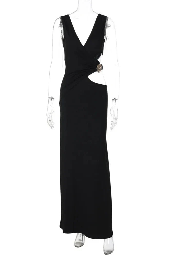 Hollow Out Backless V Neck Sleeveless Bodycon Maxi Dress