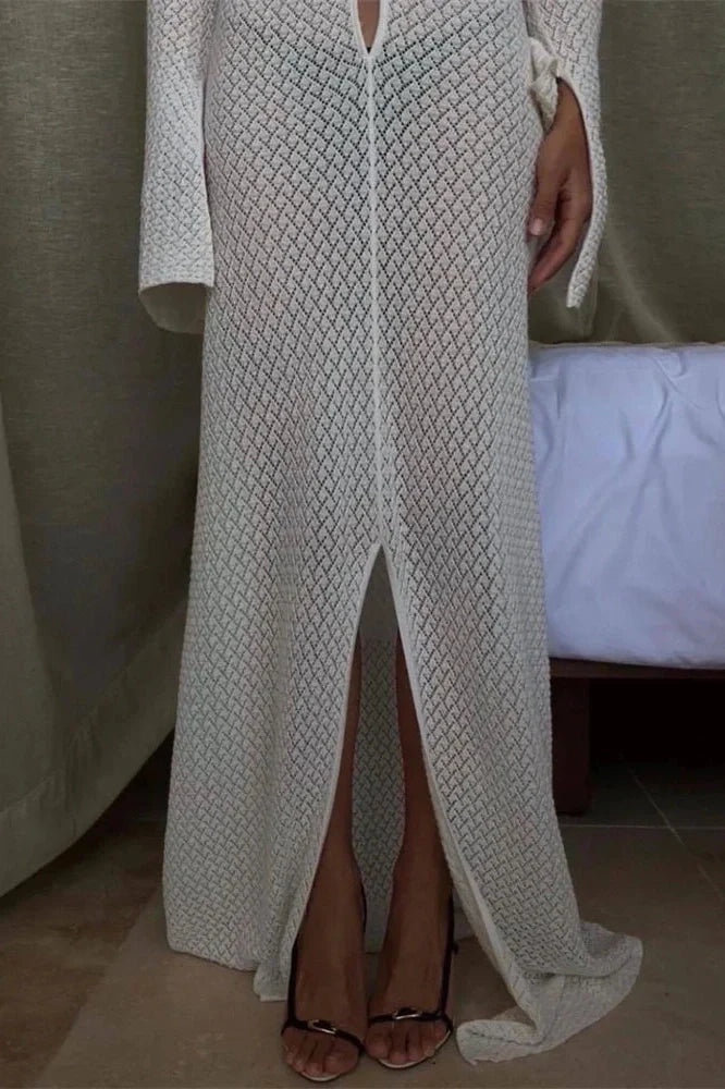 Hollow Out Loose Long Sleeve V-Neck Maxi Dress