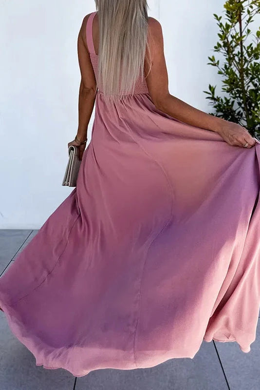 Hollow Pleated High Split Sleeveless Slim V Neck High Waist Maxi Dress